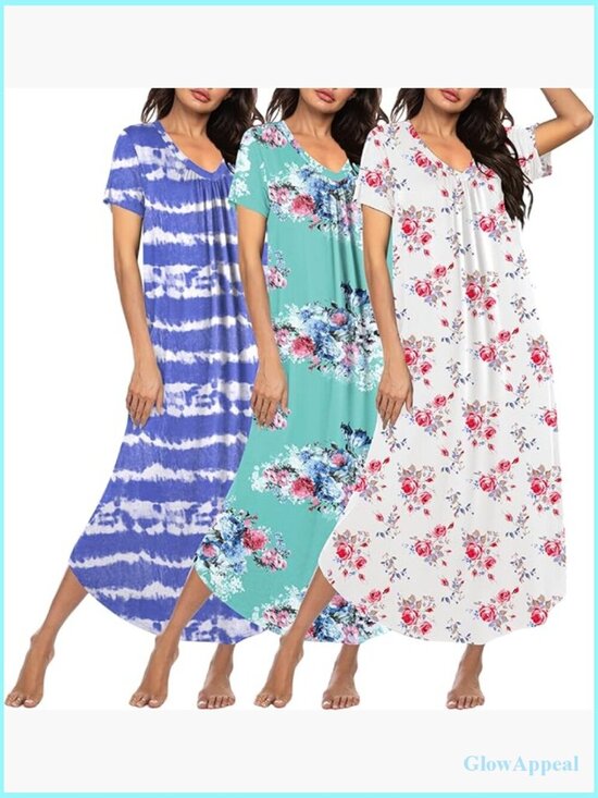 Other - Plus Size Long Nightgown 3 Pack Short Sleeve V Neck Mid-Calf House Dress